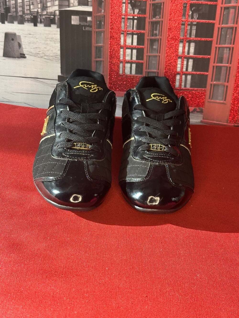 Fubu The Collection Black and Gold Quilted Patent Leather Sneakers